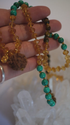 Abundance Mala | 7 Mukhi Rudraksha, rare hand cut finest Citrine, Malachite, Tigers Eye