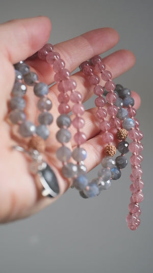 RISHI The Wise Ones Mala | Rare Strawberry Quartz, Labradorite & Rudraksha