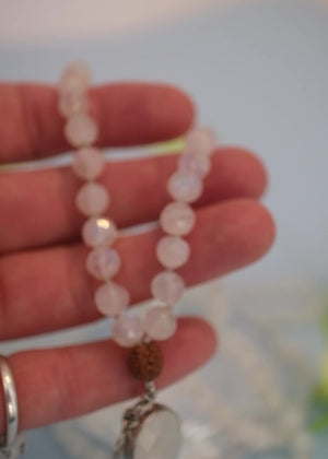 Moonstone Mala Necklace with 108 moonstone beads and faceted moonstone pendant