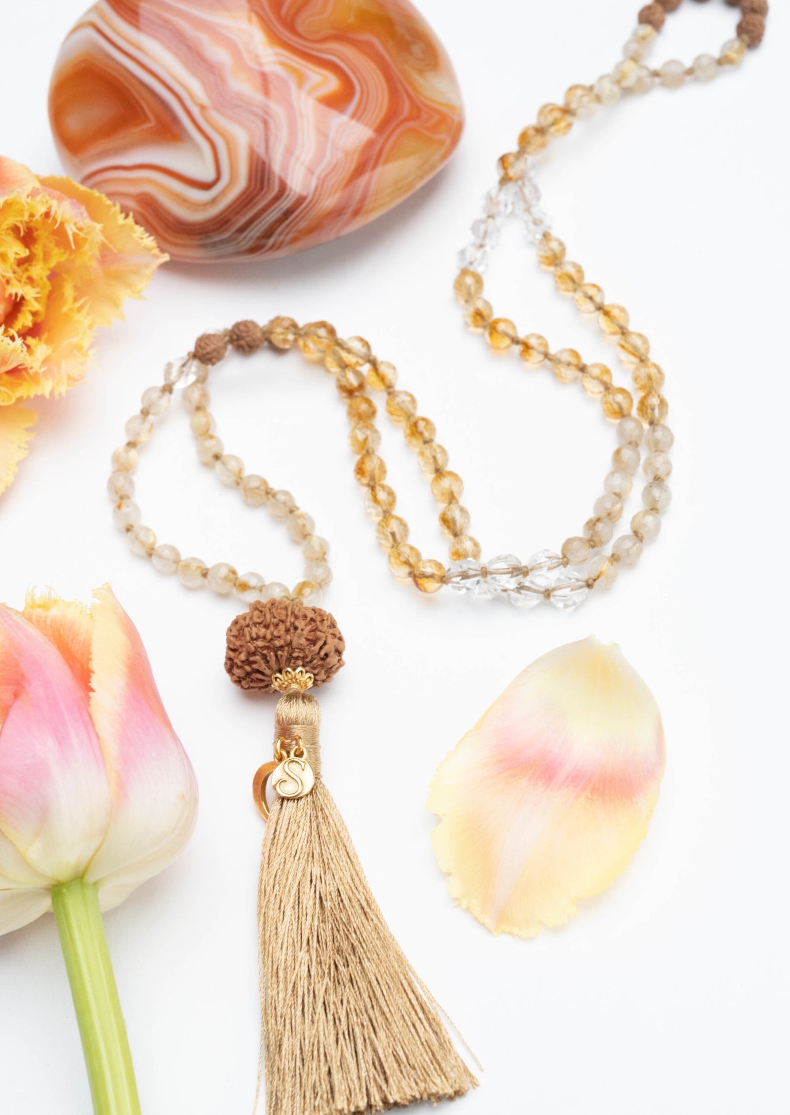 LIGHT WORKERS Mala | Crown Chakra |  10 Mukhi Rudraksha, Citrine, Gold in Quartz, Herkimer Diamond