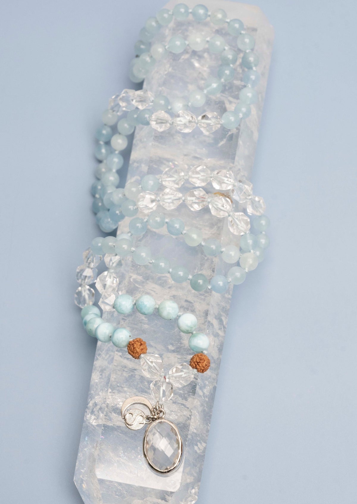 ENLIGHTEN UP Mala | Aquamarine, Herkimer Diamonds, Quartz pendant