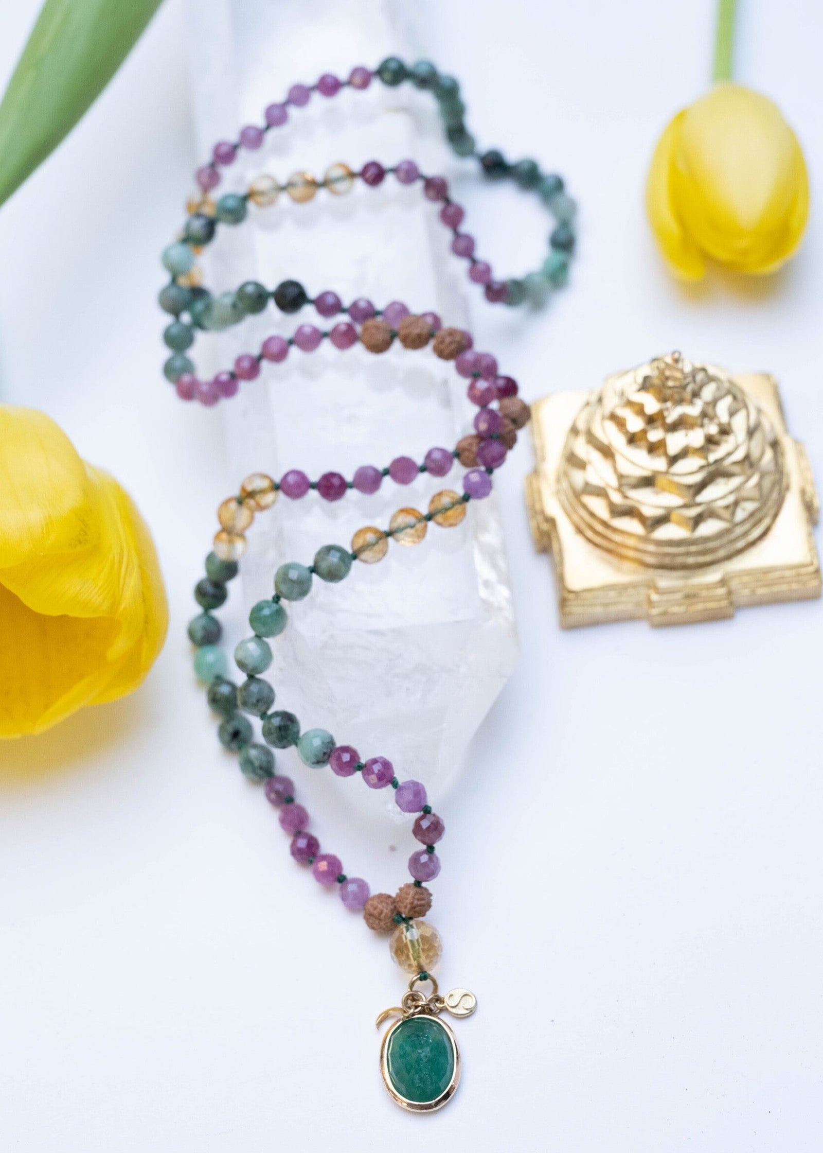 BUDH ADITYA YOGA | All Auspiciousness. Emerald, Ruby, Citrine 18k Gold Mala