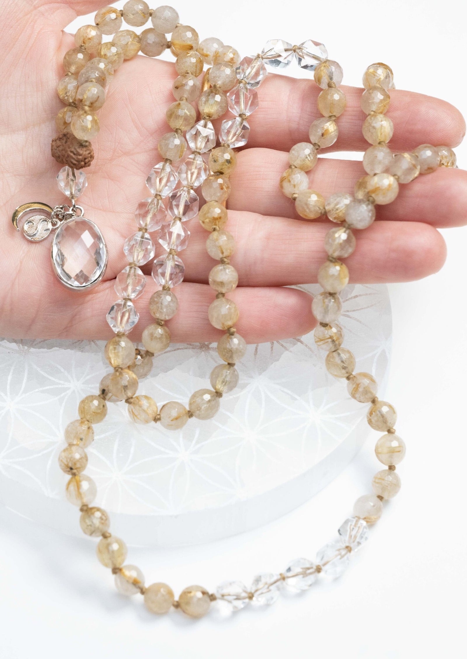 BHAGAVATI Mala for Healers to Healers | Gold Quartz, Herkimer Diamonds and Clear Quartz