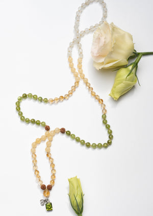 CELESTIAL ABUNDANCE | KUBER Mala with Peridot, Citrine, Jade, Rudraksha