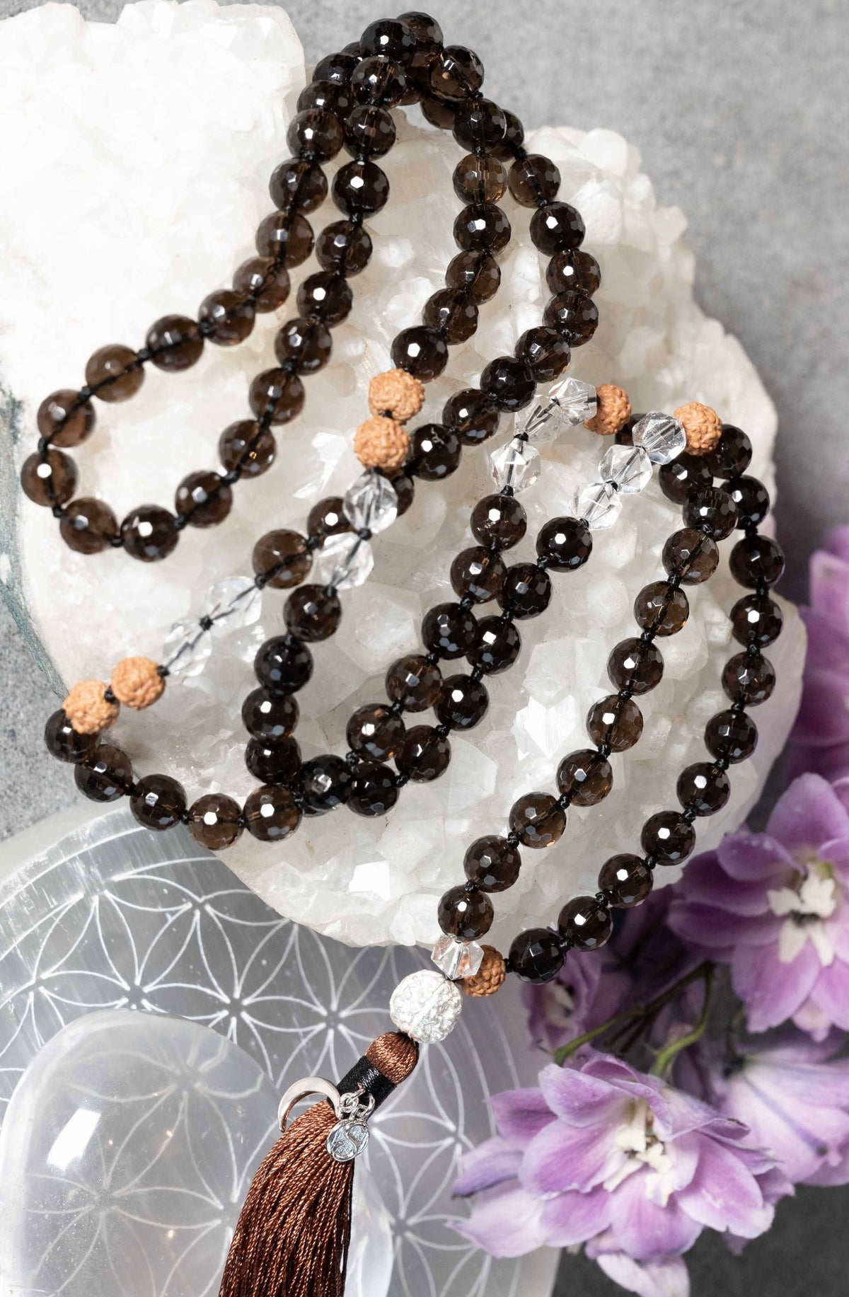 MAHADEVI Mother of the Universe | Faceted Smoky Quartz & Herkimer Mala