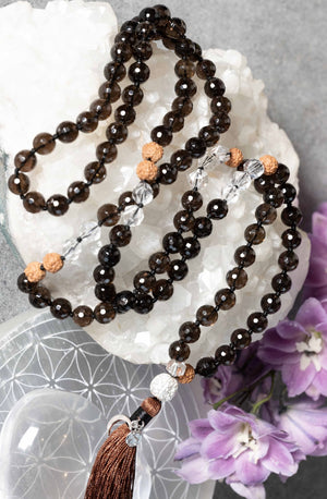 MAHADEVI Mother of the Universe | Faceted Smoky Quartz & Herkimer Mala
