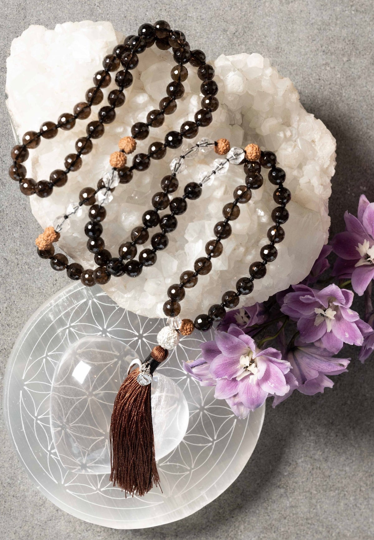 MAHADEVI Mother of the Universe | Faceted Smoky Quartz & Herkimer Mala