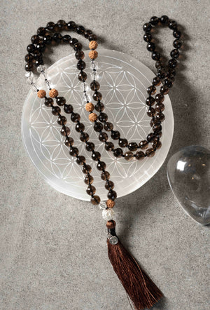 MAHADEVI Mother of the Universe | Faceted Smoky Quartz & Herkimer Mala