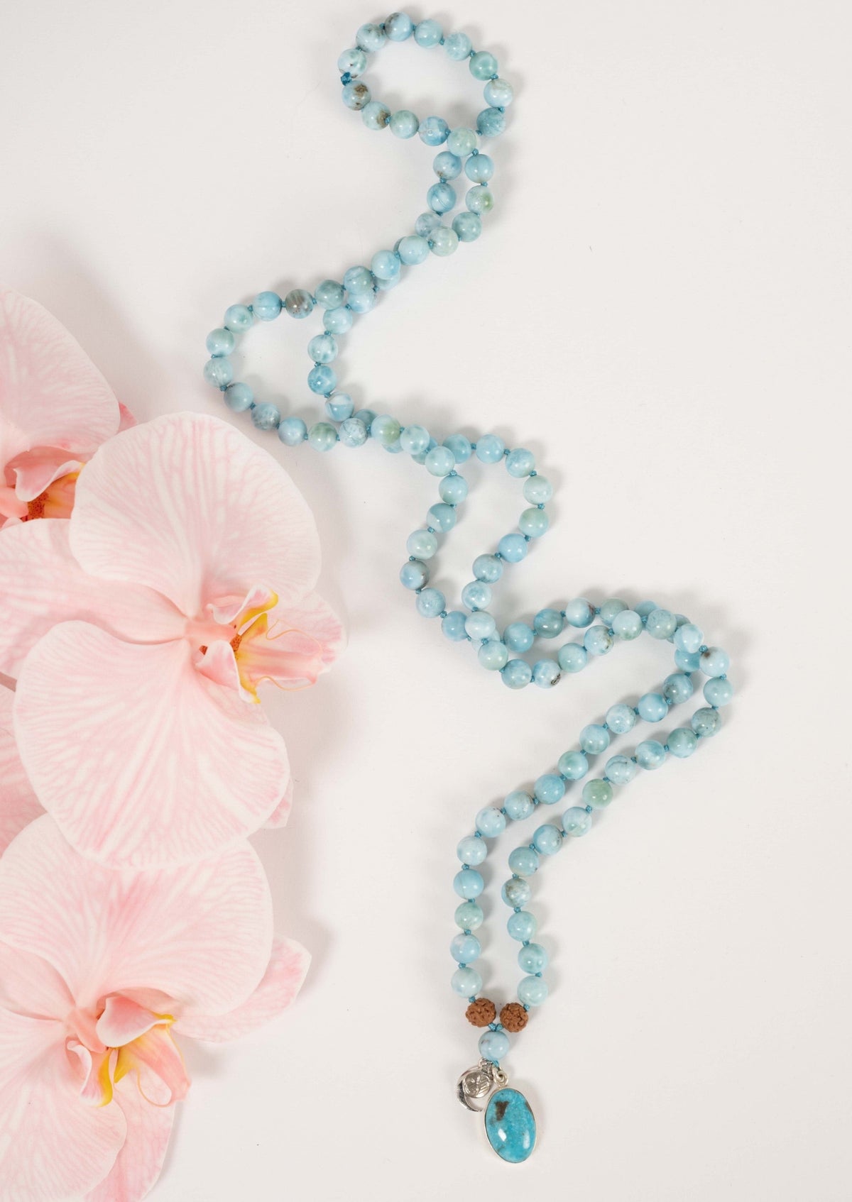 Larimar Necklace Mala Beads 108 with Turquoise Pendant