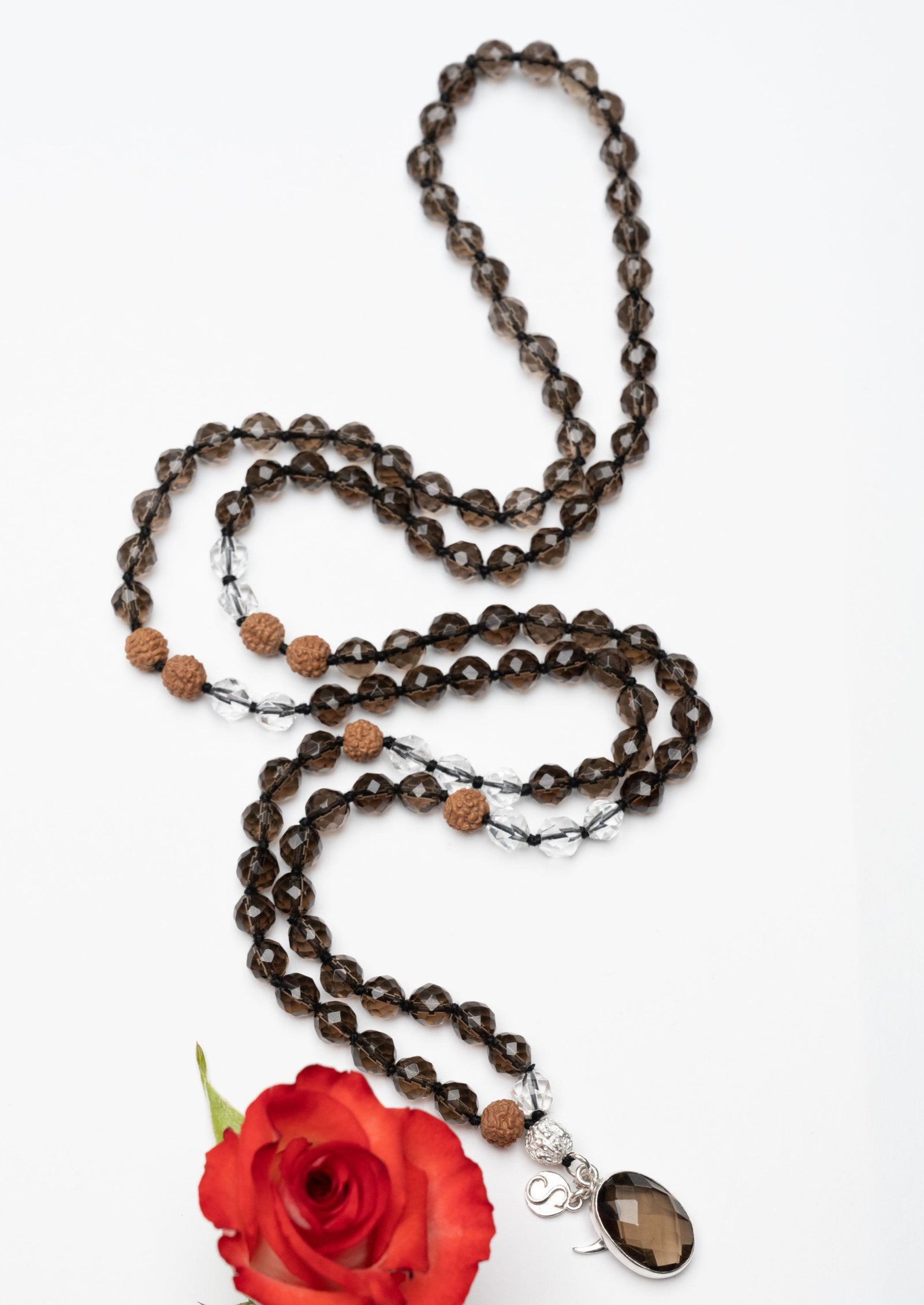 MAHADEVI Mala | Phenomenal dark Faceted Smoky Quartz, Herkimer, Rudaraksha