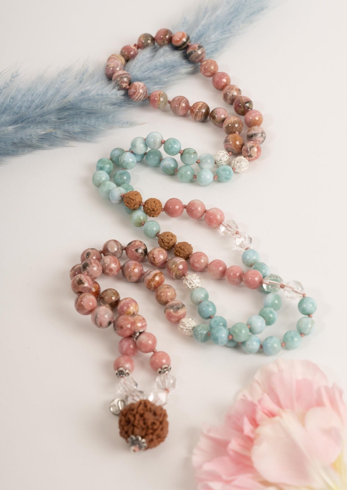 ANANDAMAYI ‘OM MAITRI’ Divine Women’s Mala | 7 Mukhi, Larimar &amp; Rhodochrosite