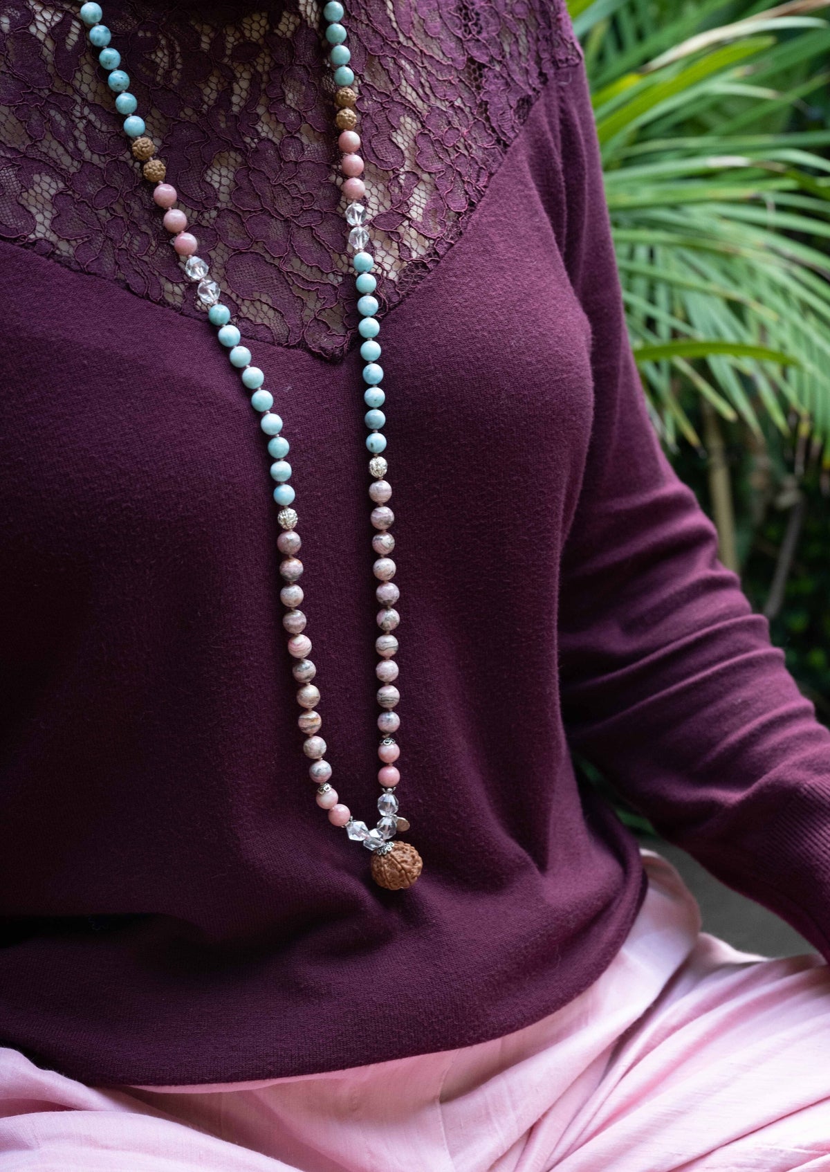 ANANDAMAYI ‘OM MAITRI’ Divine Women’s Mala | 7 Mukhi, Larimar &amp; Rhodochrosite