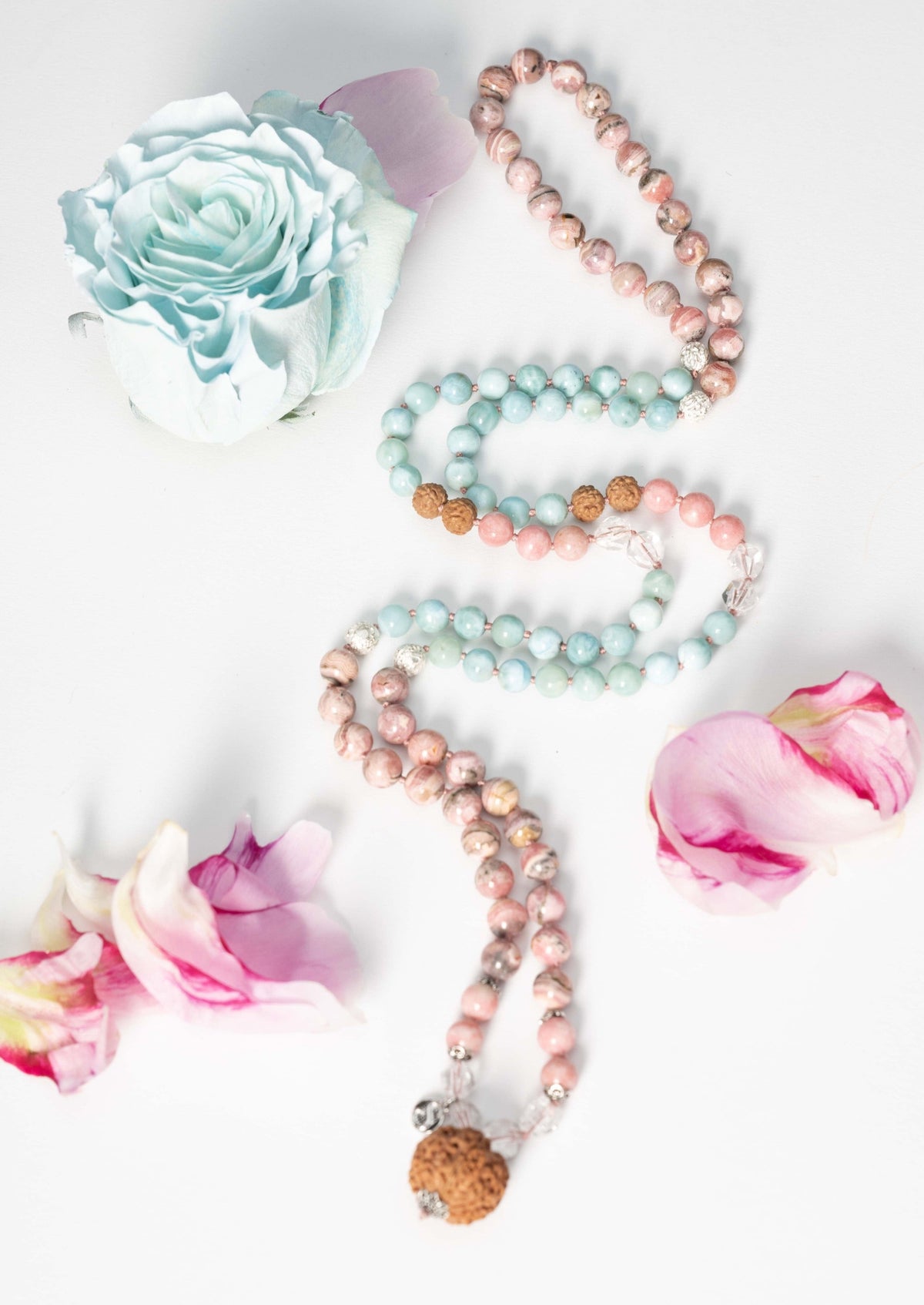 ANANDAMAYI ‘OM MAITRI’ Divine Women’s Mala | 7 Mukhi, Larimar &amp; Rhodochrosite