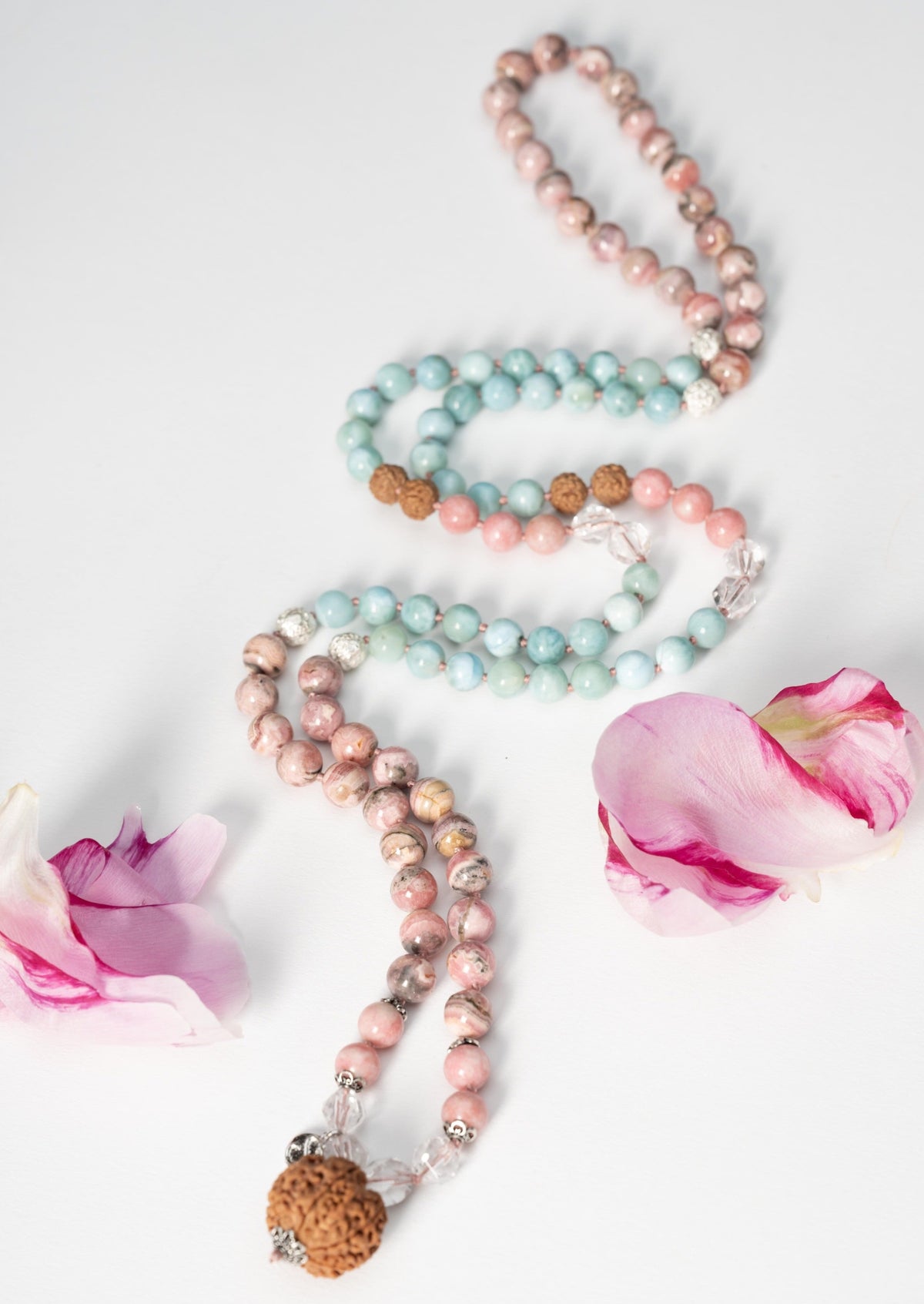 ANANDAMAYI ‘OM MAITRI’ Divine Women’s Mala | 7 Mukhi, Larimar &amp; Rhodochrosite