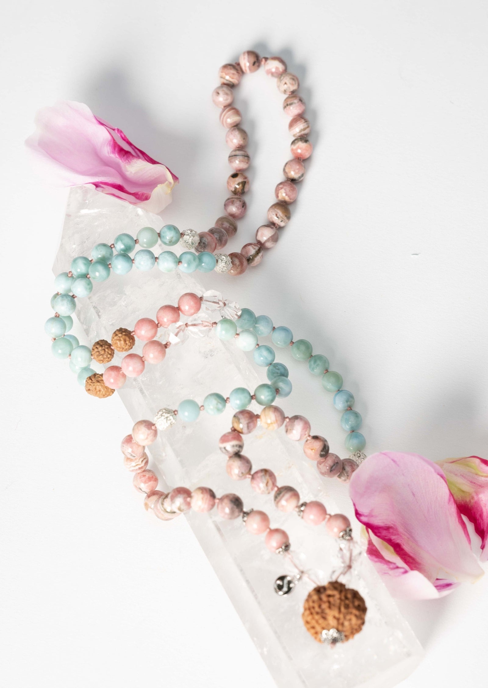 ANANDAMAYI ‘OM MAITRI’ Divine Women’s Mala | 7 Mukhi, Larimar & Rhodochrosite