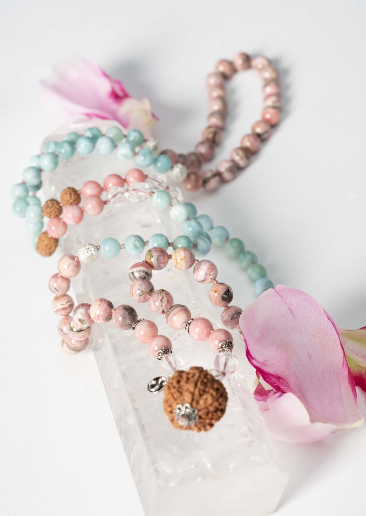 ANANDAMAYI ‘OM MAITRI’ Divine Women’s Mala | 7 Mukhi, Larimar &amp; Rhodochrosite