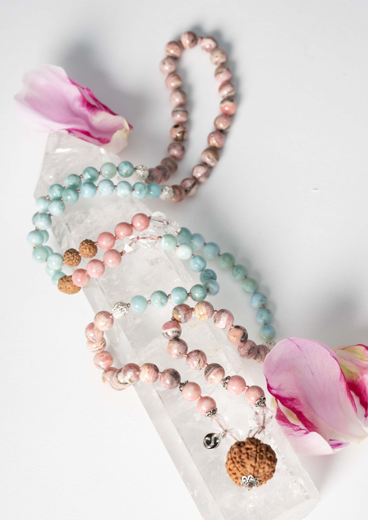 ANANDAMAYI ‘OM MAITRI’ Divine Women’s Mala | 7 Mukhi, Larimar &amp; Rhodochrosite