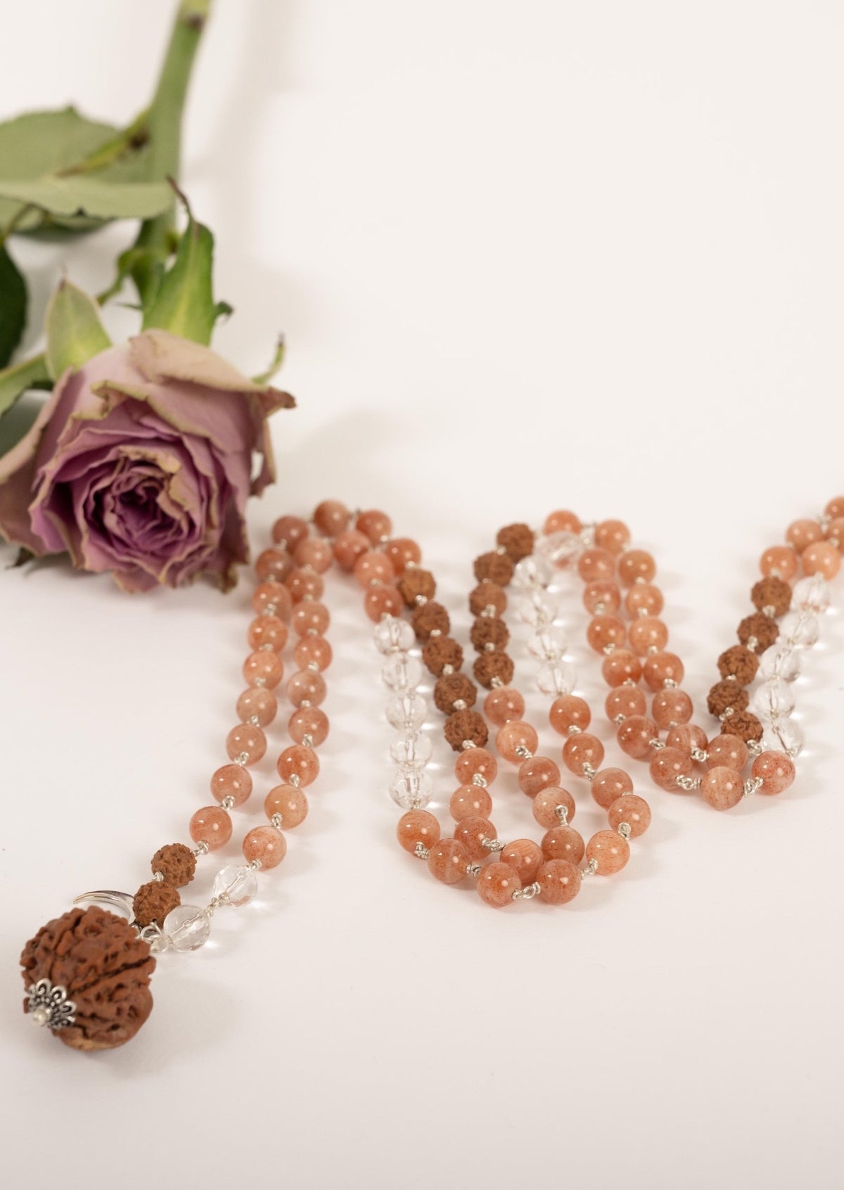 Ganesh Rudraksha Mala Beads with Sunshine, Clear Quartz and Sterling Silver | Shivoham Malas Australia 