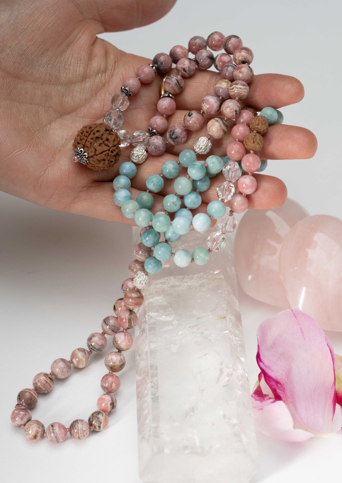 ANANDAMAYI ‘OM MAITRI’ Divine Women’s Mala | 7 Mukhi, Larimar &amp; Rhodochrosite