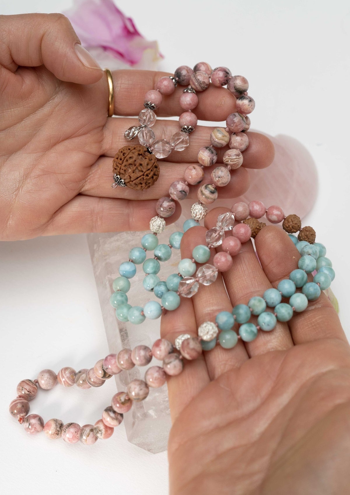 ANANDAMAYI ‘OM MAITRI’ Divine Women’s Mala | 7 Mukhi, Larimar &amp; Rhodochrosite