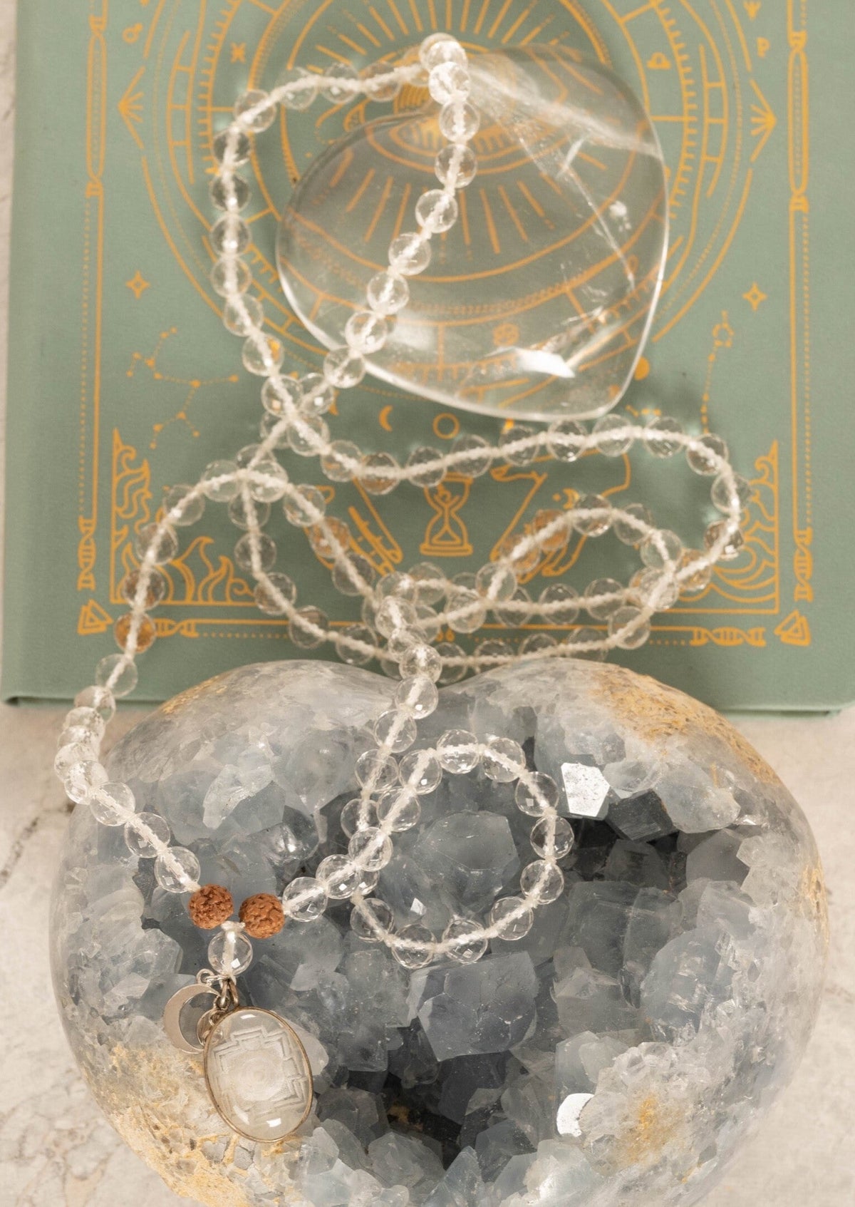 Divine Manifestation Mala SHRI | Hand-carved Himalayan Quartz Sri Yantra Sphatik Mala