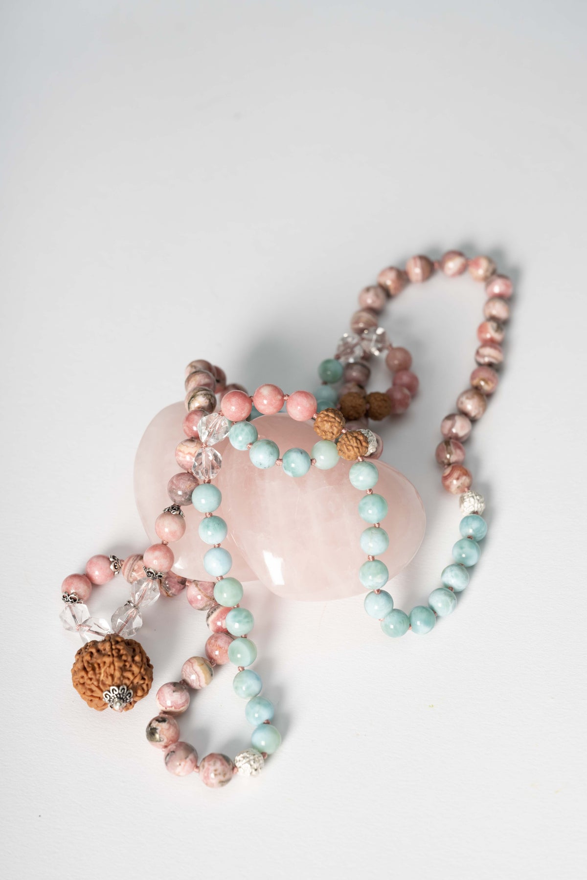 ANANDAMAYI ‘OM MAITRI’ Divine Women’s Mala | 7 Mukhi, Larimar &amp; Rhodochrosite