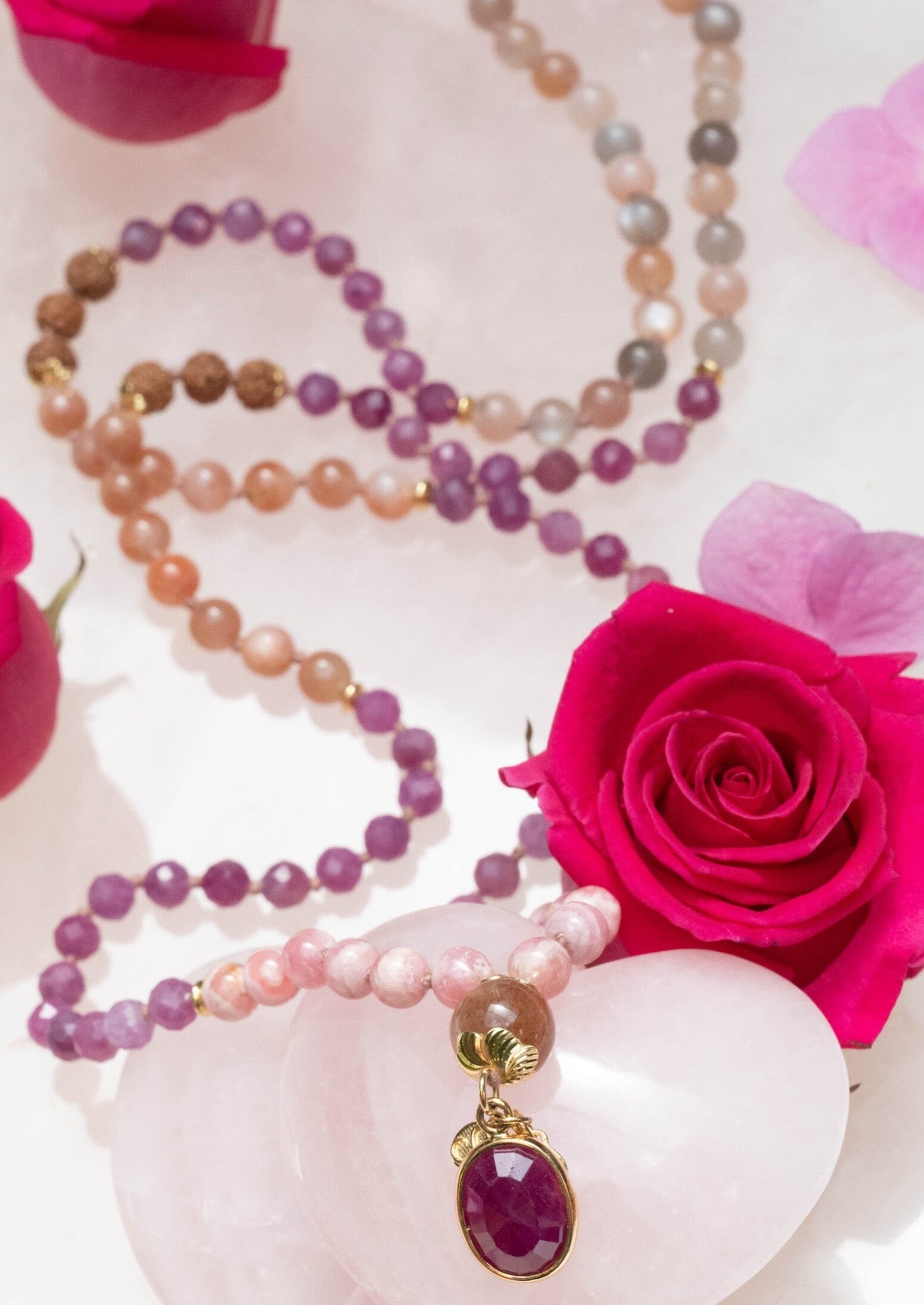 AMMA Divine Woman of Light | Ruby Mala, 18k Gold, Sunstone, Moonstone and Rhodochrosite.