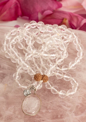 Divine Manifestation Mala SHRI | Hand-carved Himalayan Quartz Sri Yantra Sphatik Mala