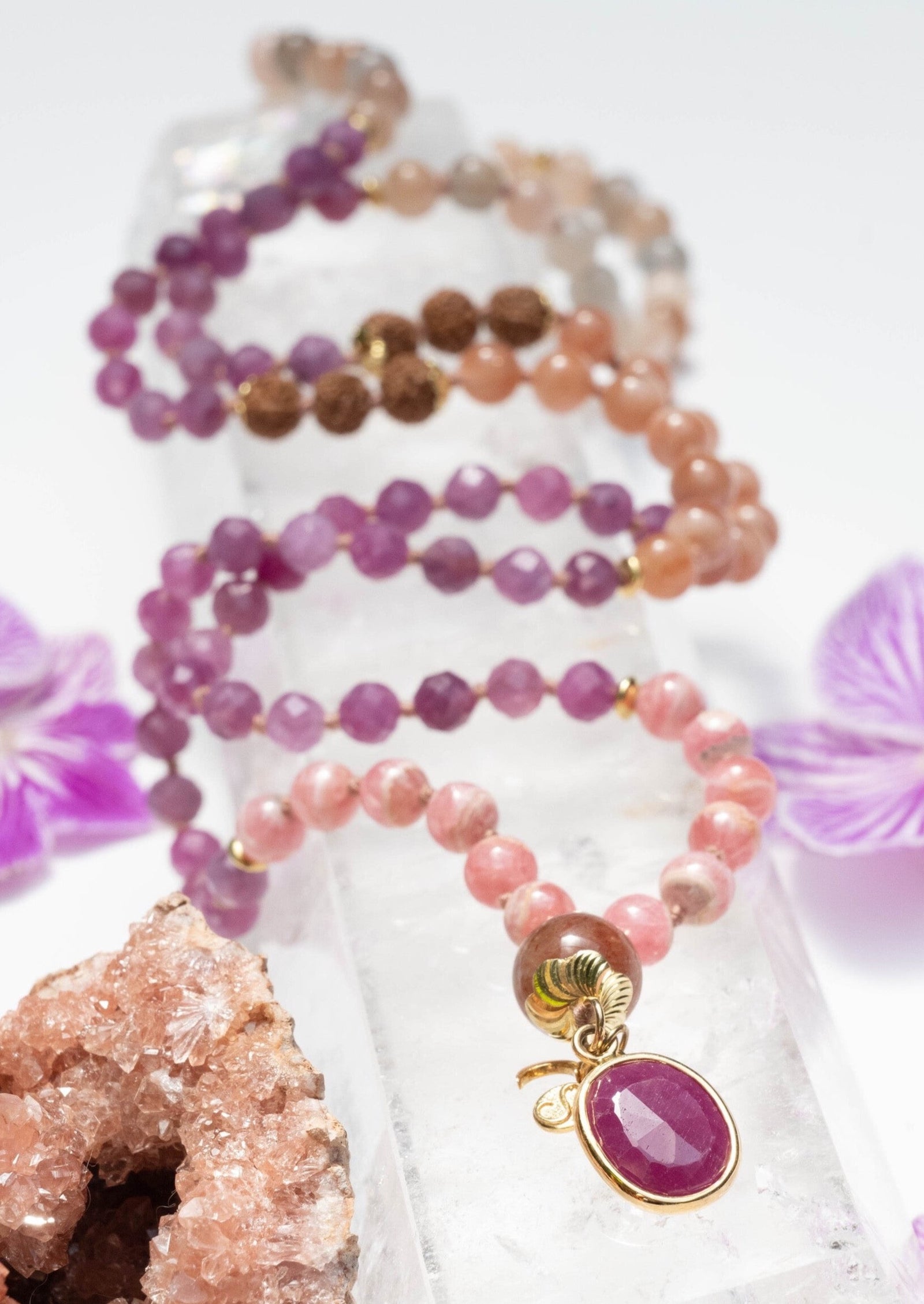 AMMA Divine Woman of Light | Ruby Mala, 18k Gold, Sunstone, Moonstone and Rhodochrosite.
