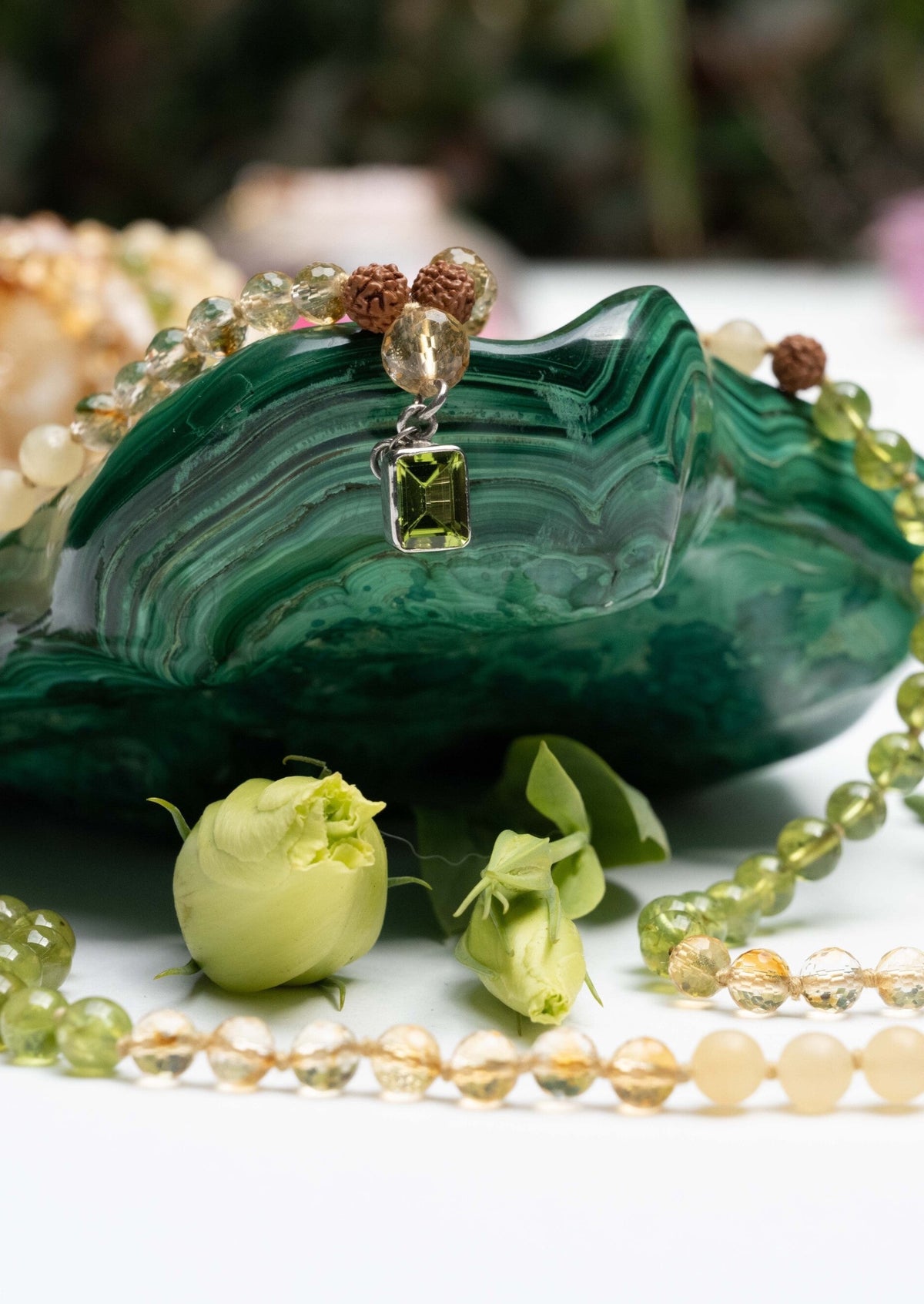 CELESTIAL ABUNDANCE | KUBER Mala with Peridot, Citrine, Jade, Rudraksha