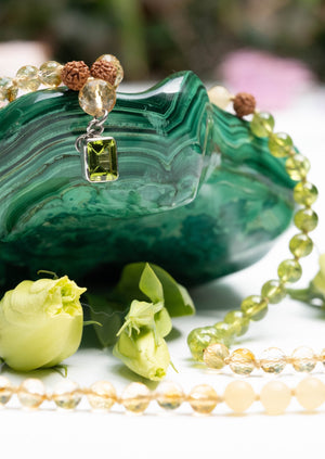 CELESTIAL ABUNDANCE | KUBER Mala with Peridot, Citrine, Jade, Rudraksha