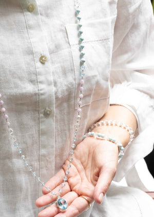 SHANTI DEVA Presence of Peace Mala | with Topaz, Herkimer, Larimar. Profound Blessings