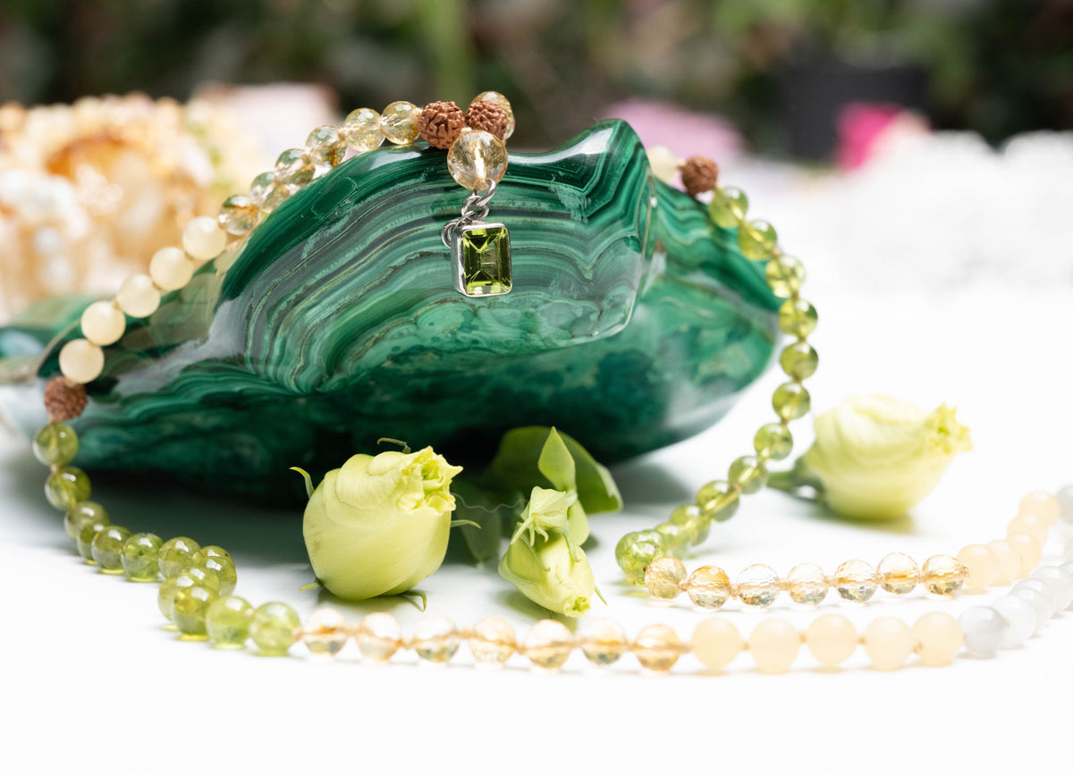 CELESTIAL ABUNDANCE | KUBER Mala with Peridot, Citrine, Jade, Rudraksha
