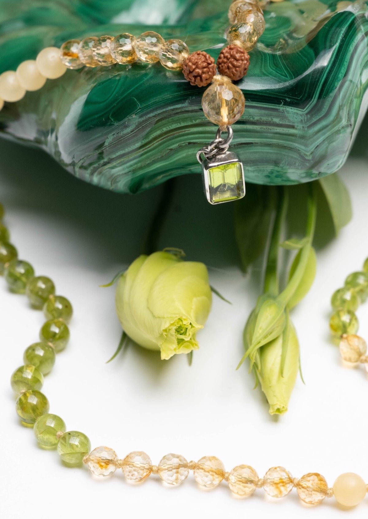 CELESTIAL ABUNDANCE | KUBER Mala with Peridot, Citrine, Jade, Rudraksha