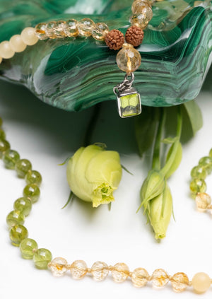 CELESTIAL ABUNDANCE | KUBER Mala with Peridot, Citrine, Jade, Rudraksha